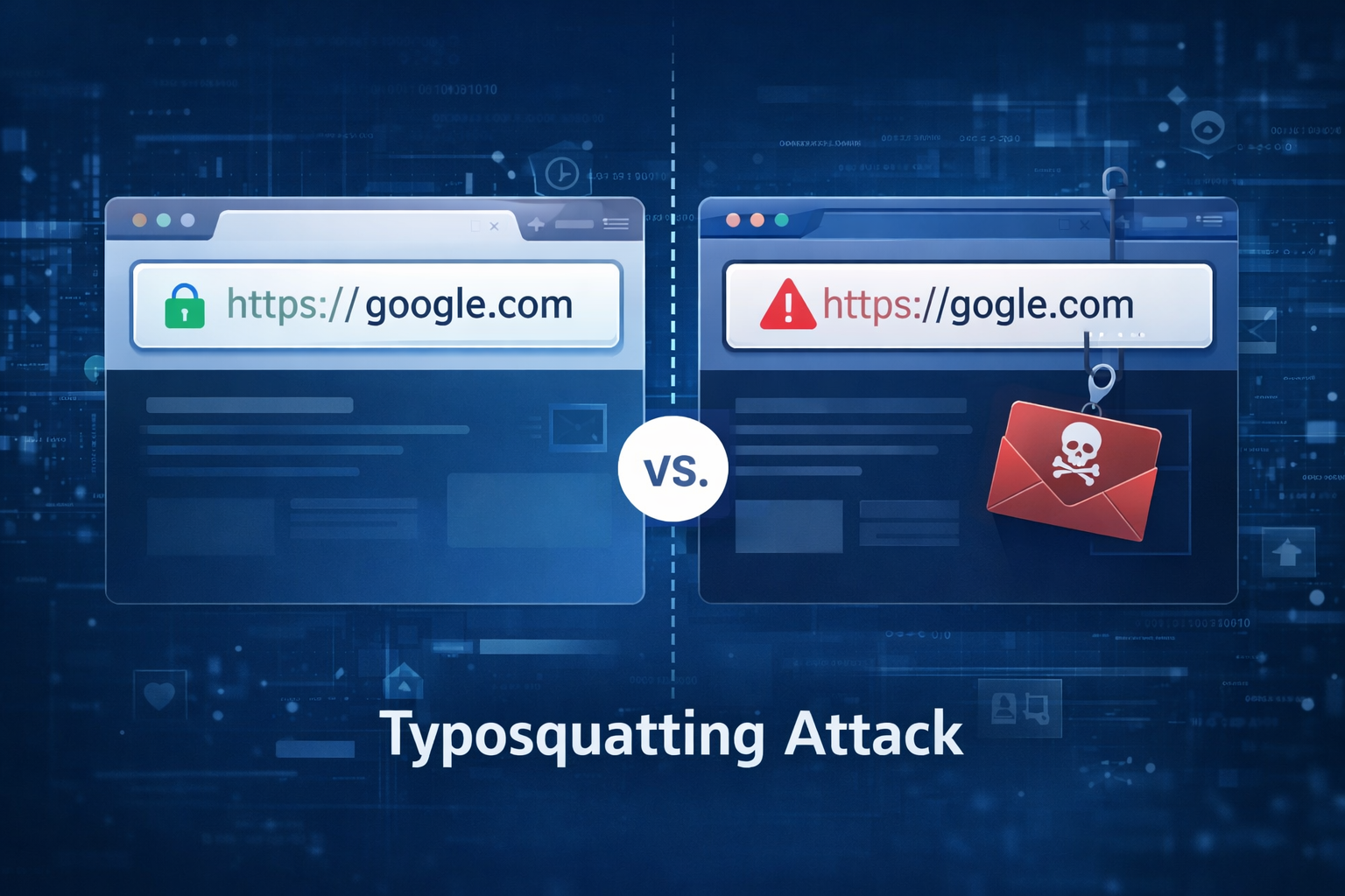 Przykład ataku typosquatting — fałszywa domena gogle.com vs prawdziwa google.com